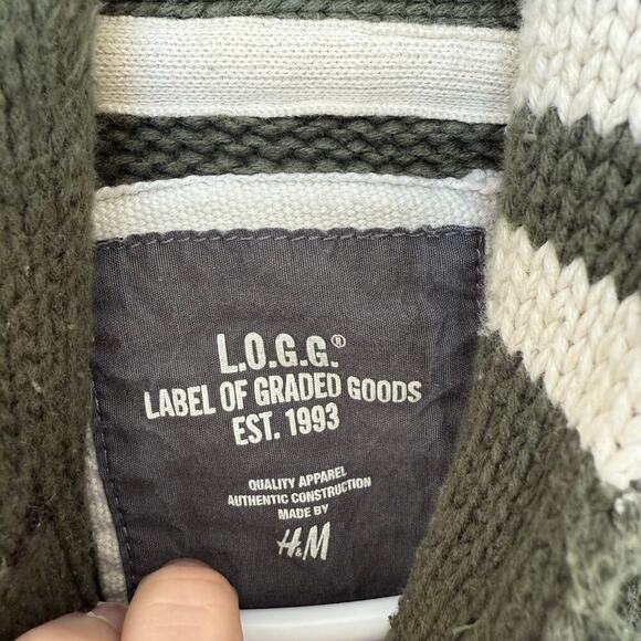 H&M L.O.G.G Men's Green White Shawl Collar Cotton Sweater Small - Picture 4 of 9
